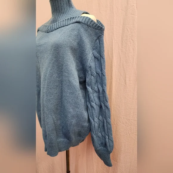 Cold Shoulder Turtleneck Long Sleeve Loose Ribbed Knit Pullover Sweater-(Large) - Picture 7 of 9